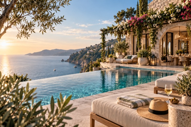 Casa Le Goblin, a fictional Mediterranean hotel with pool and coastal view